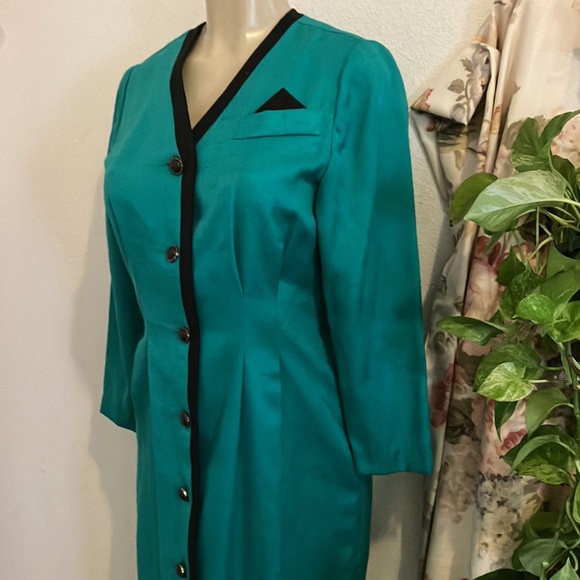 Vintage Dress R&A Collections Green black Trim Collar Neck Front Button Front - Picture 5 of 15